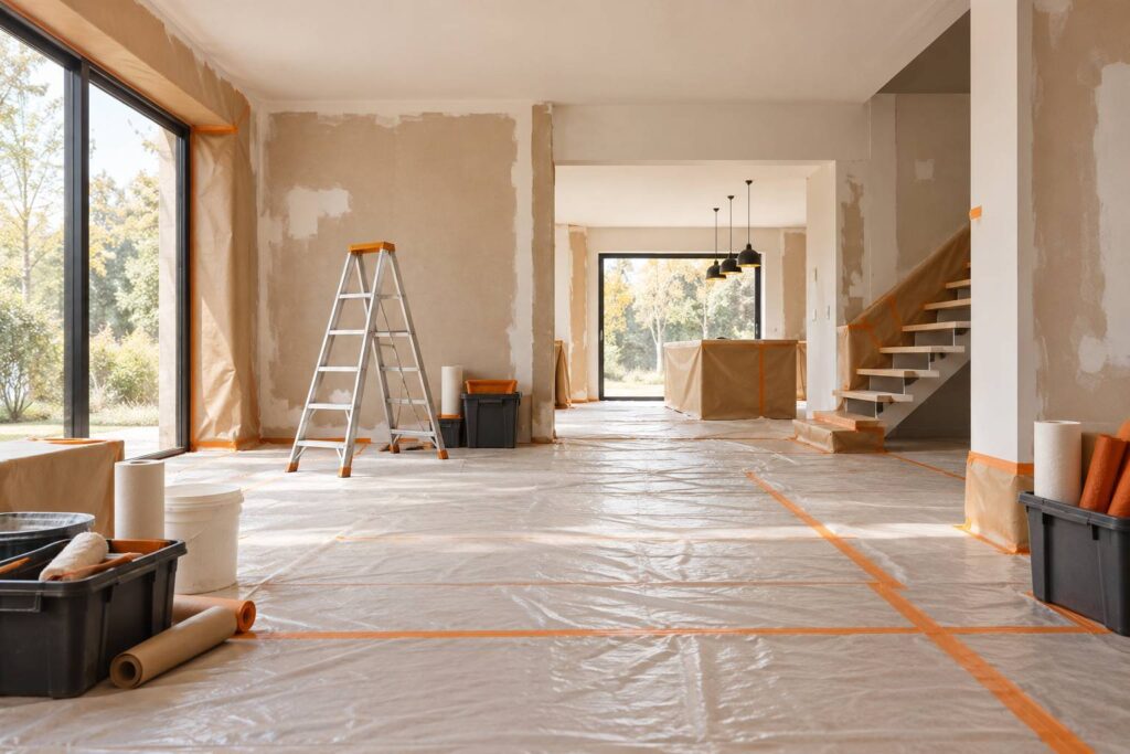 Maison en renovation avec murs prepares et echelle pliante