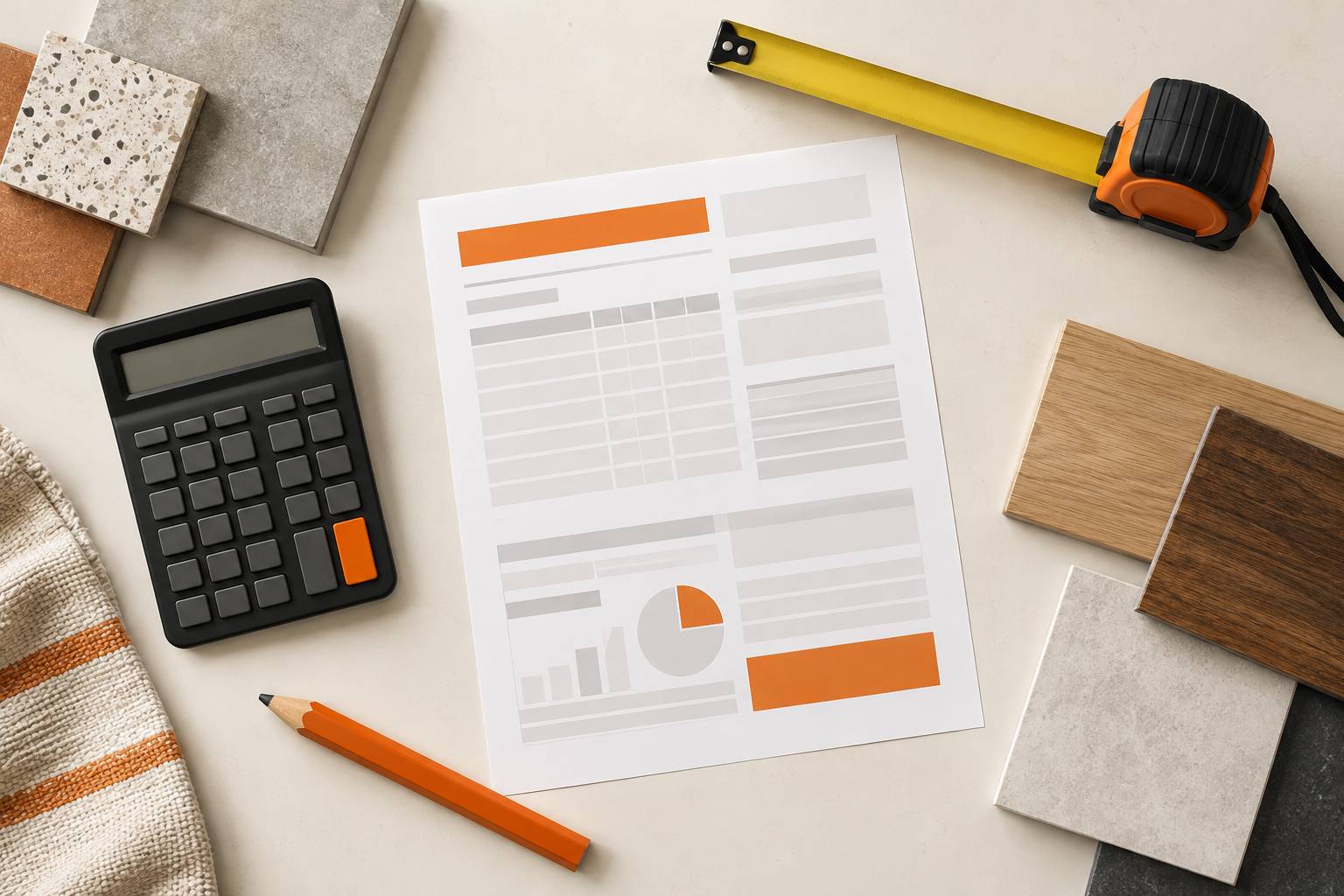 Calculatrice, mètre et devis non lisible sur une table de chantier avec échantillons de matériaux