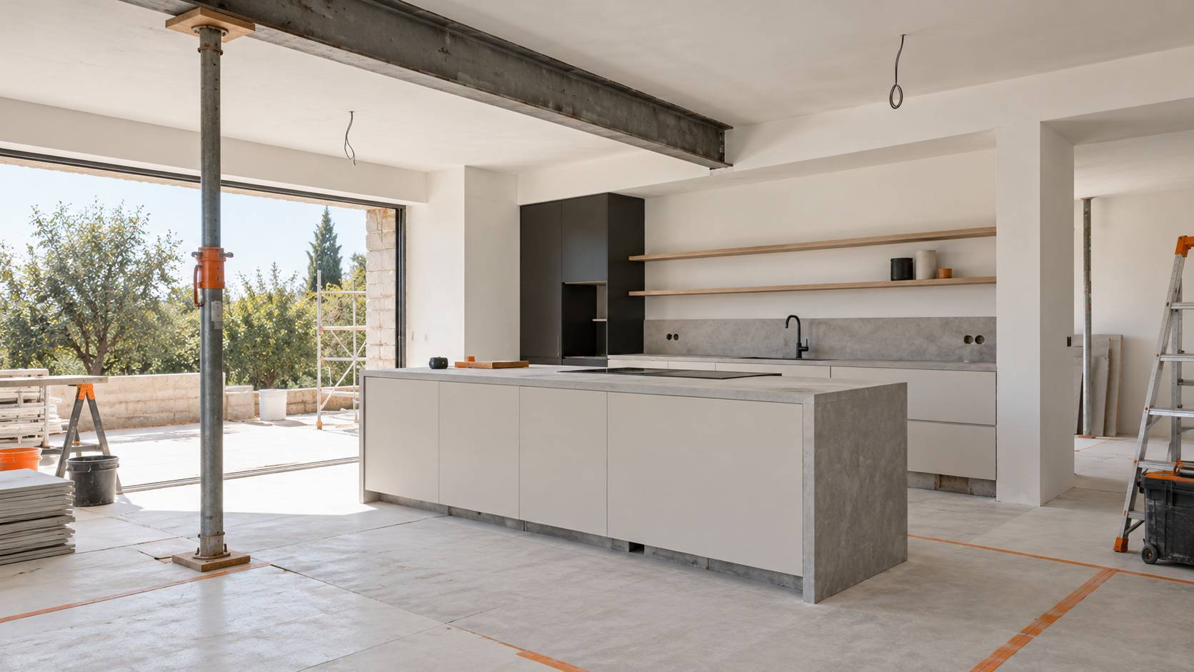 Cuisine ouverte en travaux avec ilot central et poutre de reprise