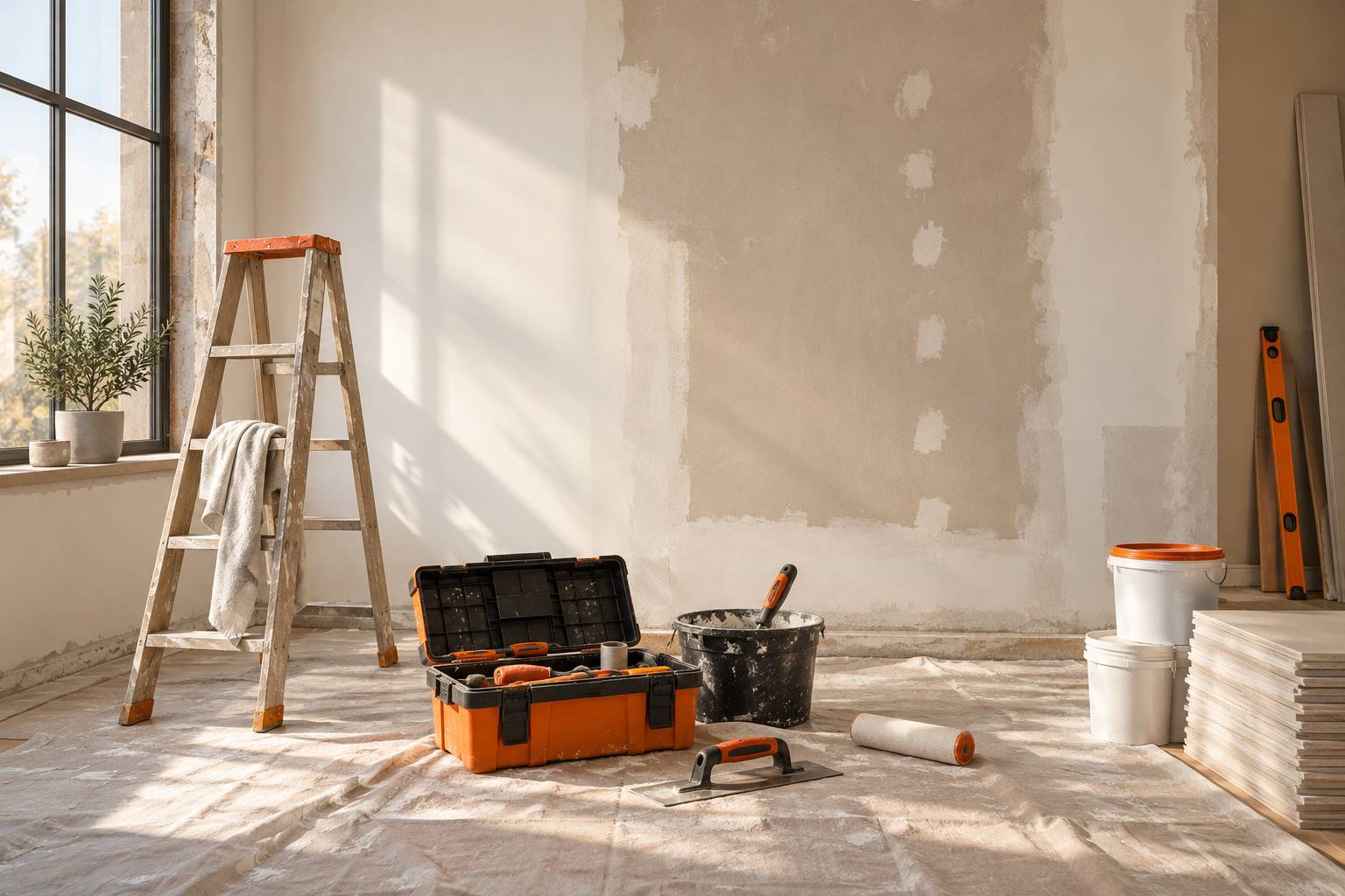 Chantier de renovation interieur avec caisse a outils neutre