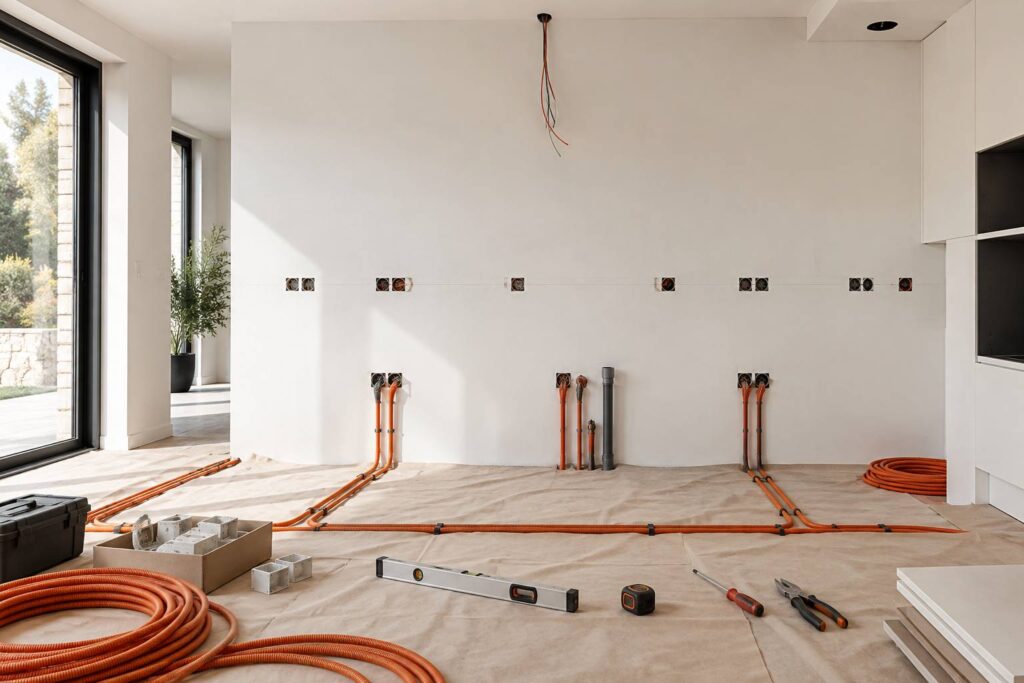 Rangee de prises electriques encastrees sur un mur de cuisine en renovation
