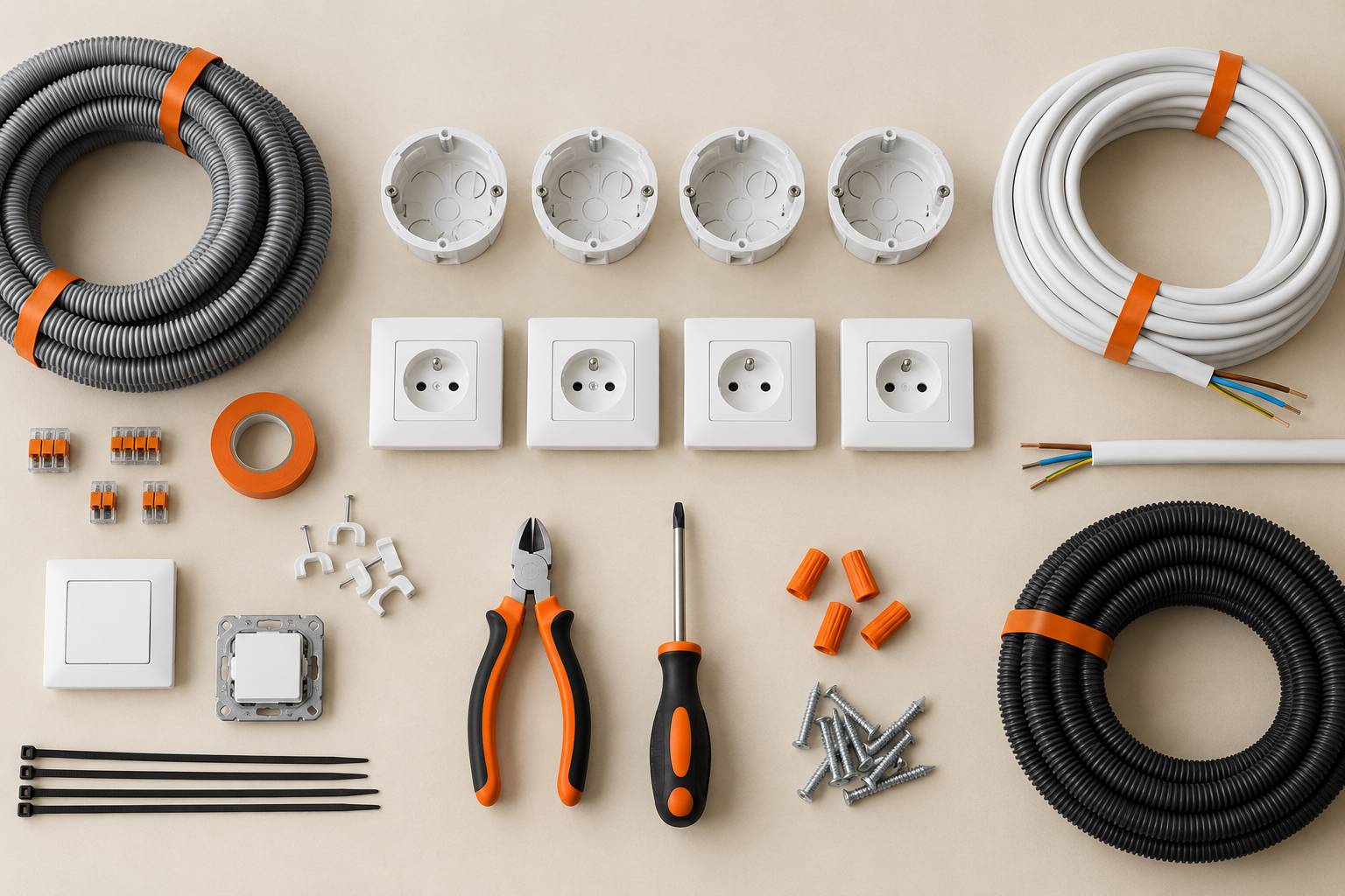 Boites d'encastrement et cables electriques poses sur un chantier