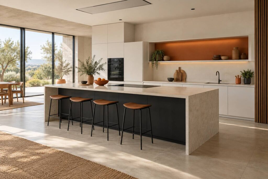 Cuisine avec ilot central et plan de travail mineral, circulation degagee