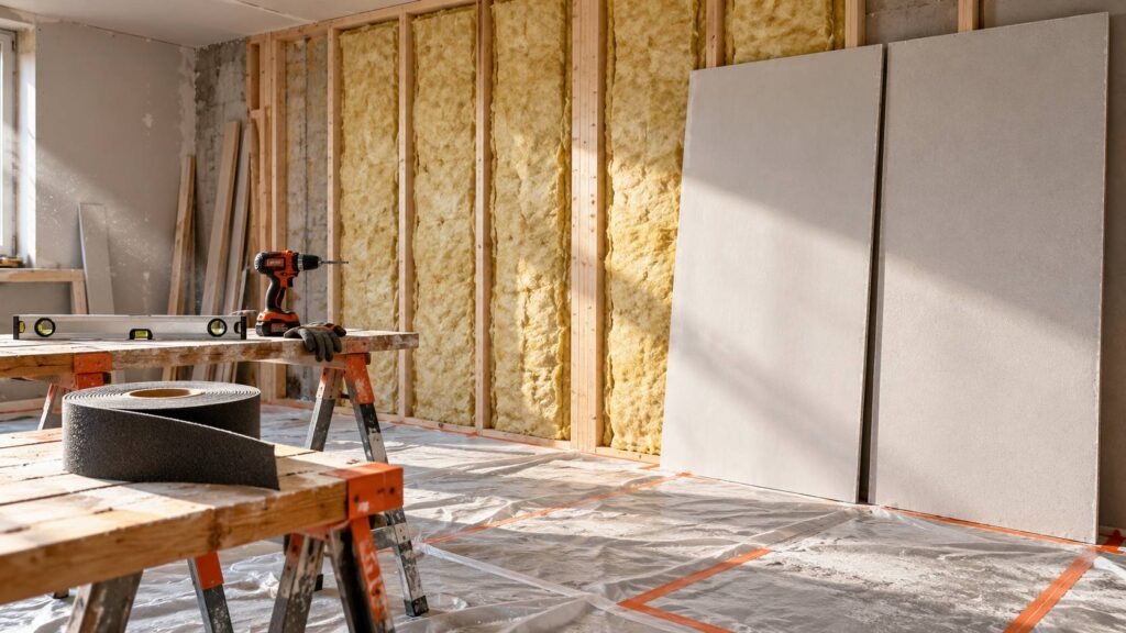 Ossature bois avec panneaux d'isolant minéral et plaques acoustiques contre un mur mitoyen en rénovation