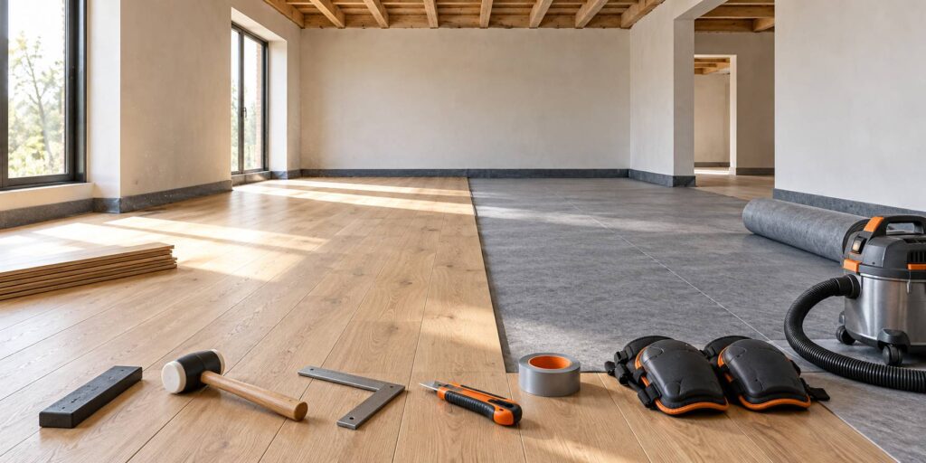 Plancher en chêne en cours de pose sur une sous-couche résiliente, cales, maillet et genouillères au sol