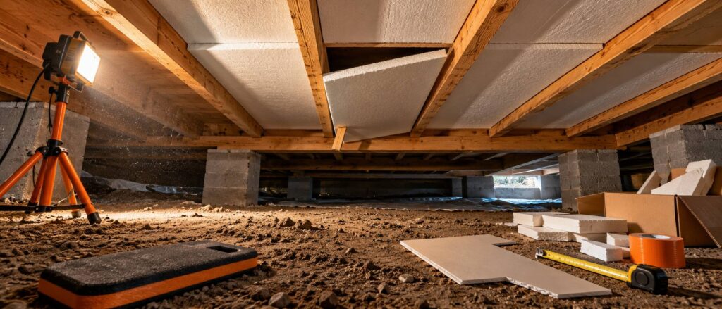 Panneaux isolants poses entre les solives d'un plancher bas dans un vide sanitaire eclaire