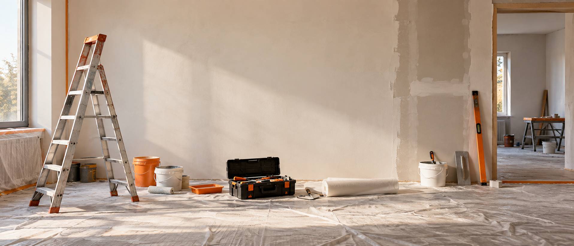 Chantier de renovation interieur avec caisse a outils neutre