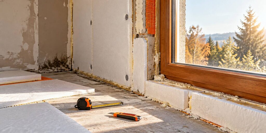 Jonction mur-fenetre avec panneaux isolants et condensation dans une piece en travaux