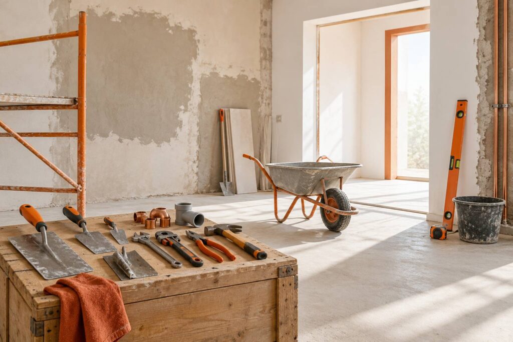 Chantier de renovation avec outils de metiers poses sur une caisse