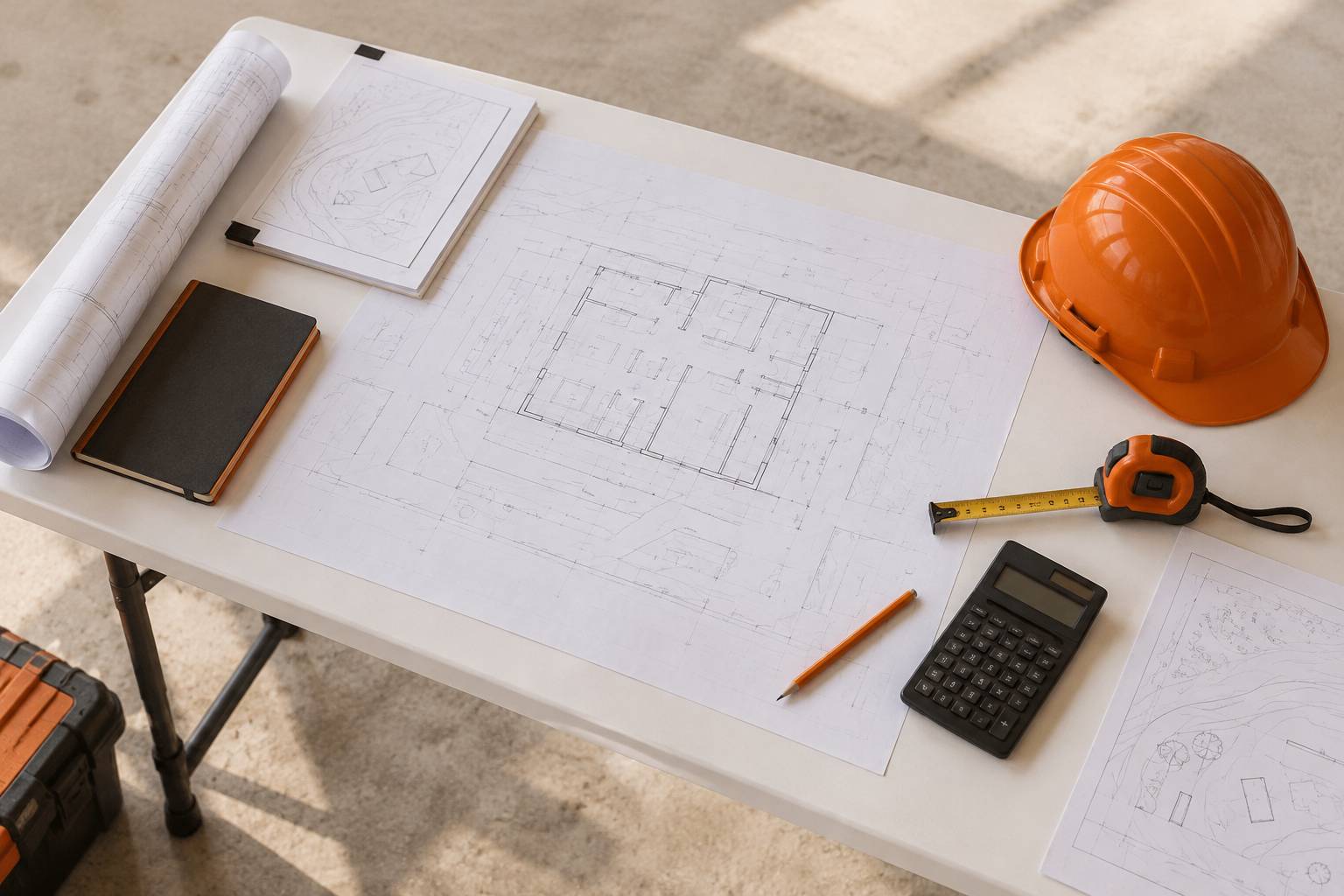 Plan de chiffrage de chantier avec metre ruban et calculatrice