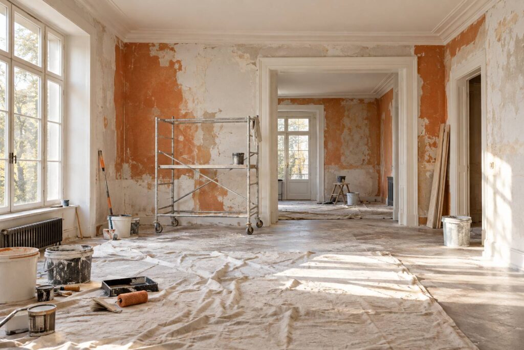 Piece en cours de renovation avec murs decapes, echelle et seaux de chantier