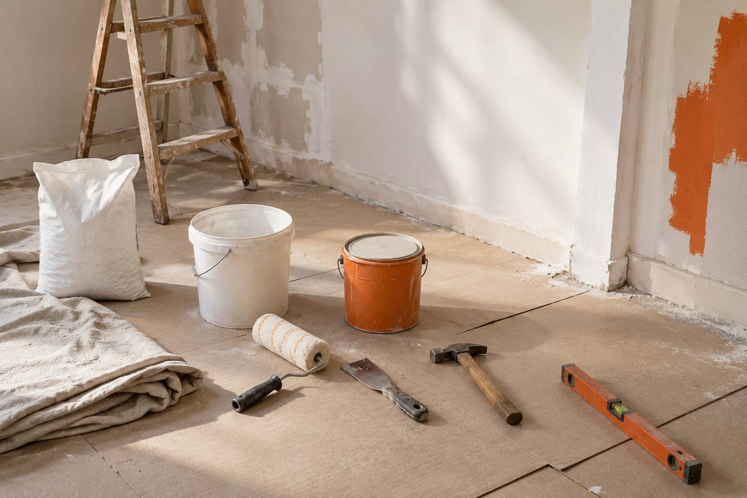 Outils de renovation et materiaux poses au sol dans une piece en travaux