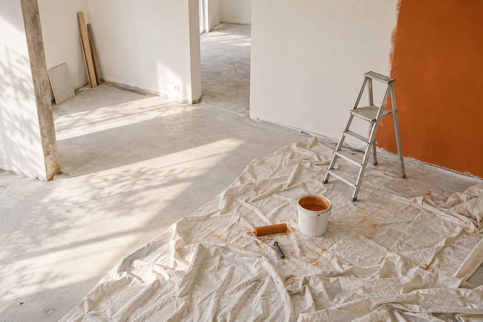 Outils de chantier avec rouleau, bache de protection et seau