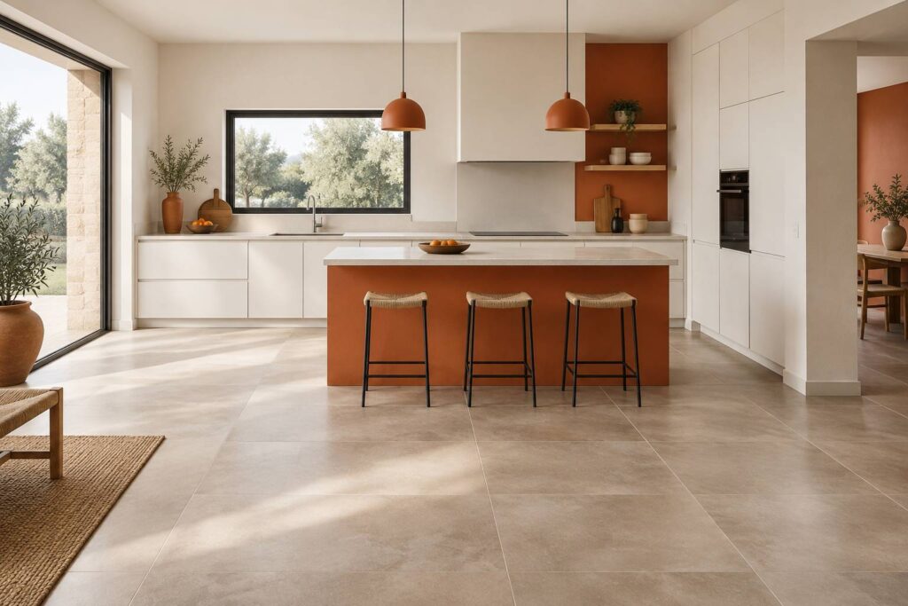 Cuisine lumineuse avec un sol en carrelage grès cérame mat