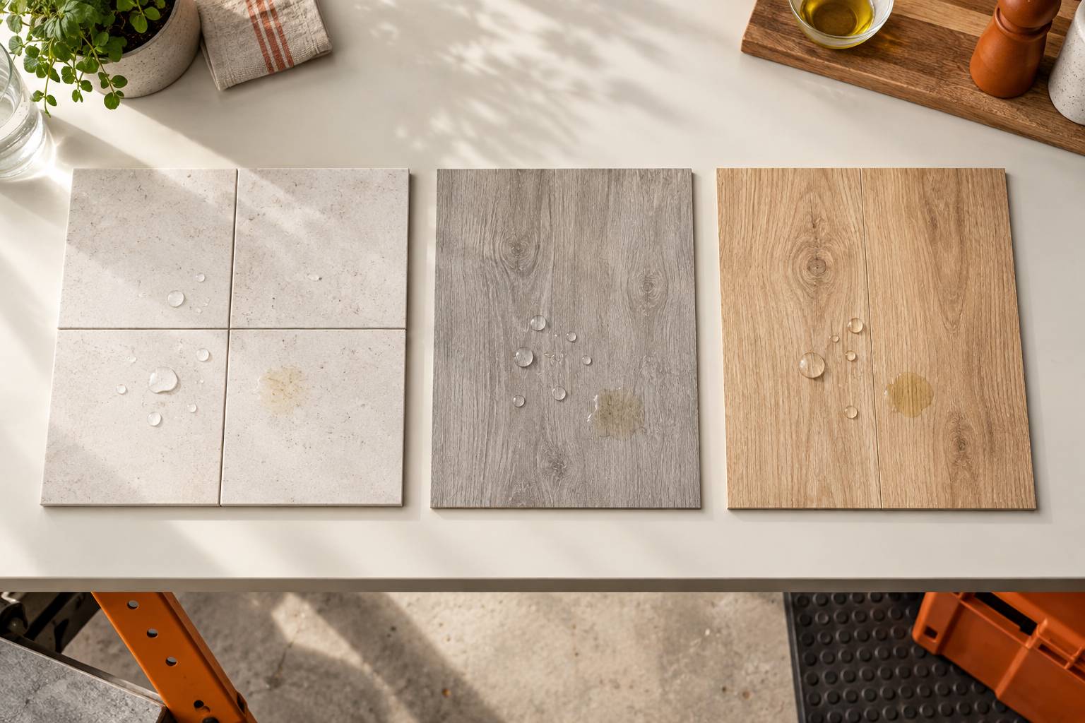 Échantillons de sols de cuisine comparés côte à côte sur une table claire