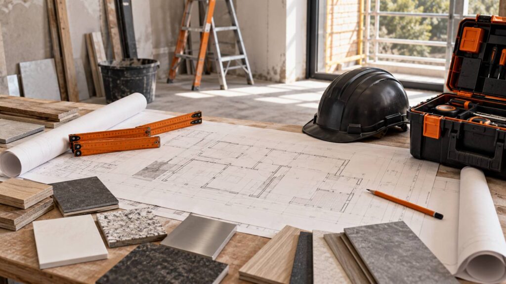 Plan de rénovation et caisse à outils sur un bureau de chantier